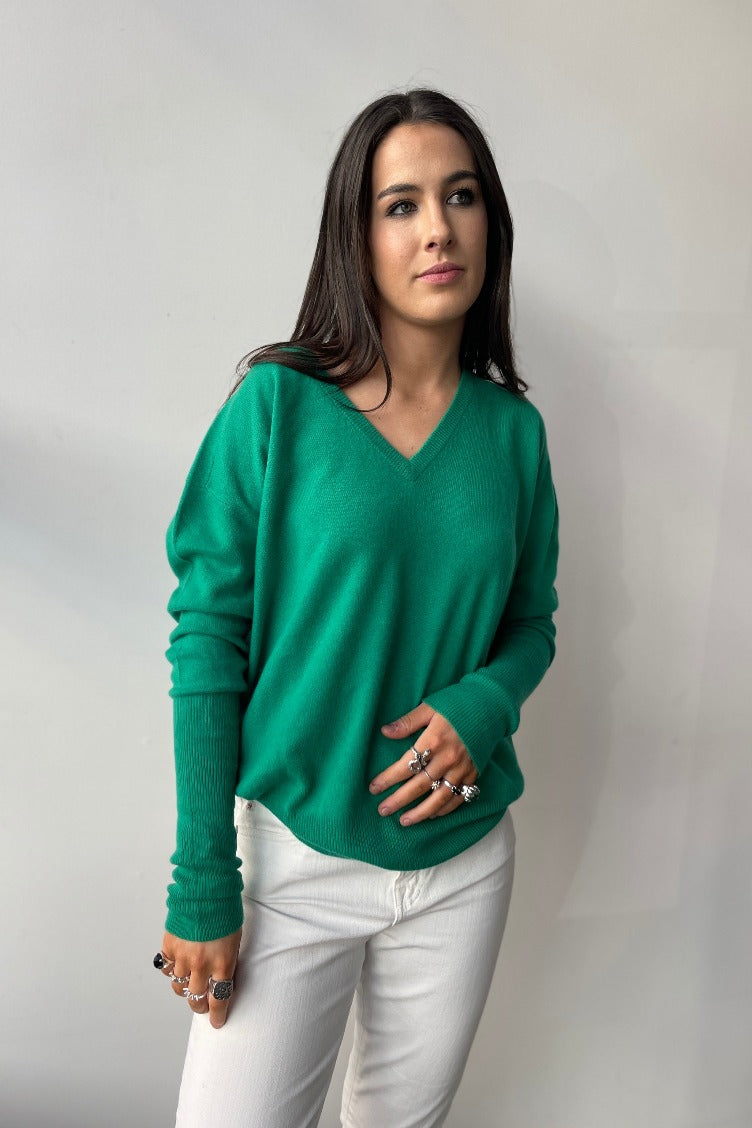 October Reign Double-V Cashmere Sweater - Pepper Green